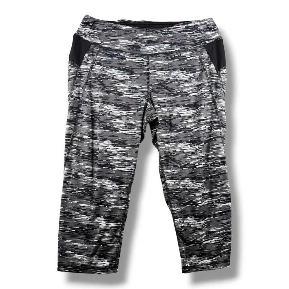 Tek Gear DryTek Womens Capri Leggings Large Gray Black Space Dye Mesh Panels